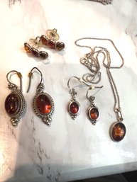 Exceptional Group Of Sterling Silver And Amber Necklaces And Multiple Pairs Of Earrings