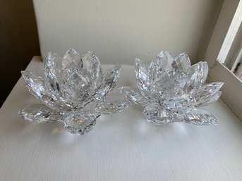 Pair Of Swarovski Lily Pad Crystal Candle Holders With Original Boxes