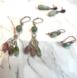 Group Of Three Multi Semi Precious Stone And Sterling Silver Earrings