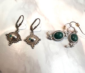 2 Pair Sterling Silver And Malachite Earrings