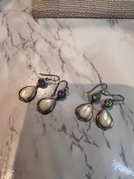 2 Pairs Of Moonstone Pear Shaped Earrings One With Peridot, One Amethyst