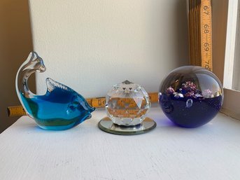 Blown Glass Paperweight, Crystal Prism Ball, Turquoise Glass Fish