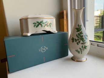 A Lenox Footed Music Box In Original Box  And Vase