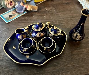 Miniature Limoges Set Cobalt With Gold Accents Including Tray And Vase