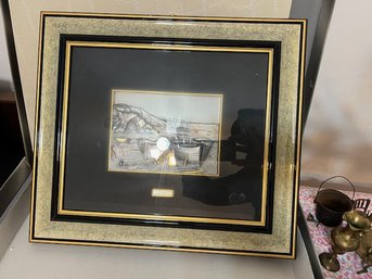 Framed Sterling Silver Boat Scene Italian Approx 16 X 20 OSM