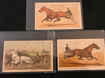 3 Victorian Era Currier And Ives Trotters Cards 1881 One For Vulcan Shoes