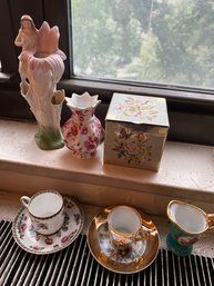 A Group Of Various Vintage Porcelains And Tea Cups! Metal Box Too