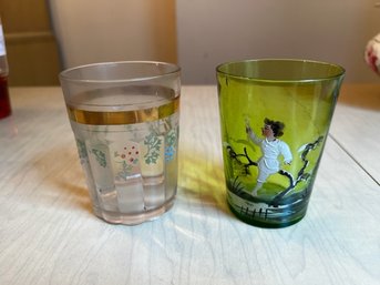 2 Antique Glasses, One Hand Painted Awesome