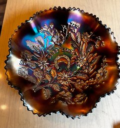 GOOD LUCK Rainbow Carnival Glass Ruffled Edge Bowl