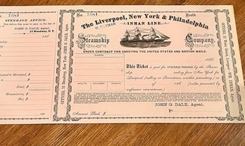 Steerage Ticket Inman Steamship Line Liverpool, New York, Philadelphia 186_