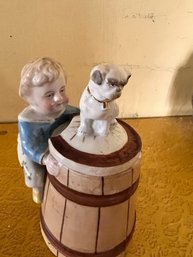 Porcelain Boy With Dog, Mustard Or Sugar Jar