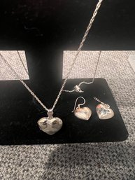 A Set Of Heart Earrings And Necklace Sterling Silver