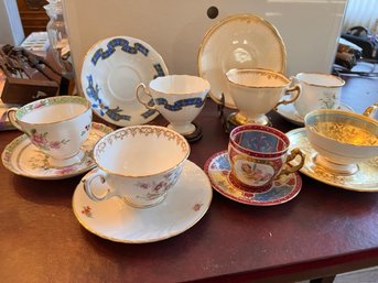 Group Of 7 Porcelain Tea Cups And Saucers Adderly Bone China, Aynsley, Crown, Royal Albert, Etc