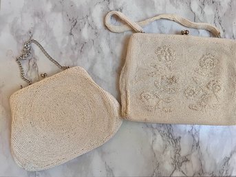 2 Made In Japan White Beaded Evening Bags (one Swirl One Floral)