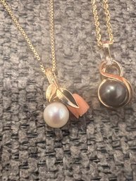 2 Pearl And 14K Pendents One On 14k Gold Chain