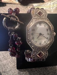 Garnet Colored Beaded Watch And Bracelet