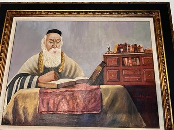 Painting Of Rabbi Studying  By Jacob Salzman 1970