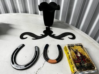 VINTAGE Tarot Cards, Black Glass Vase, 2 Horse Shoes And Metal Decorative Wall Piece