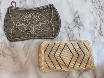Grey And Cream Beaded Evening Bags, One With Mirror