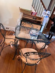 Vintage Glass And Wrought Iron Dining Set With 4 Matching Chairs