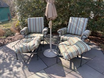 2 Woodward Outdoor Chairs With Ottomans And Umbrella  WITH STAND