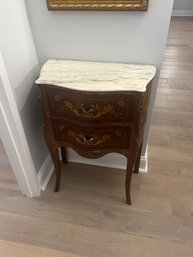 Inlaid Wood Made In Spain Louis XV Style Marble Topped Commode