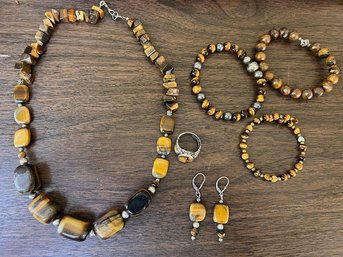 Exceptional Set Of Tiger Eye, Necklace, Bracelets, Ring  And Earrings