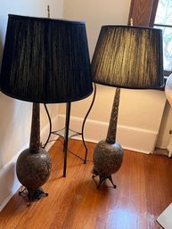 Fabulous Etched Black And Gold Mid Century Pair Of Lamps, Black Silk Shades Made In India!