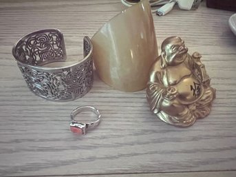 Eclectic Group Buddha, Sterling Ring And A Pair Of Bracelets