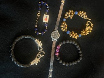 Mixed Group Of Bracelets, John Hardy Dragon And Leather, Druzy,  And 3 Beaded