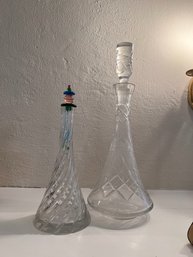 Pair Of Crystal Decanters One With Hand Blown Multi Colored Stopper