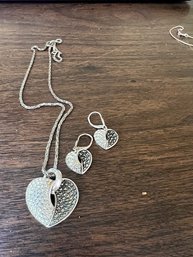 925 Sterling Silver Heart Necklace And Matching Earrings With Pave Cubic Zirconia