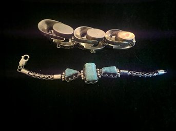 A Pair Of Sterling Silver Bracelets One With Turquoise, One Link