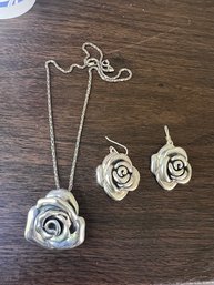 ROSES!  Sterling Silver Brooch/necklace And Matching Earrings, (Items Are Hollow) 925