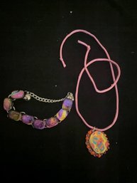 Dichrotic Glass Bracelet And Enamel Bottle Cap Necklace