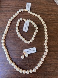 Exquisite Set Of Pearl Necklace, Earrings And Bracelet, NEW With Tags 14K