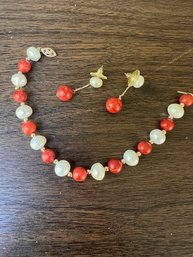 Pearl And Coral? Bead Bracelet And Earrings 14K