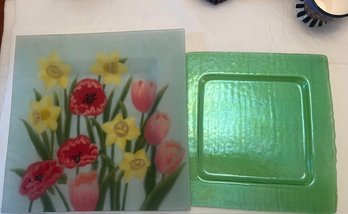 2 Rectangular Glass Serving Platters Floral And Green