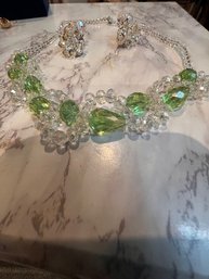 STUNNING Vintage Peridot Colored Crystal Necklace And Clip On Earrings