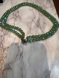 Vintage Deep Irridescent Green Crystal Necklace, Incredible Clasp