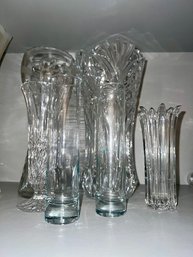 Wonderous Group Of 5 Crystal Vases Assorted Sizes, 2 Bud Vases, Tall,