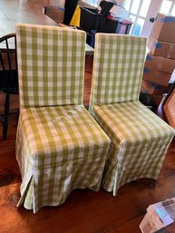 Pair Of Upholstered Dining Chairs  Green And White Gingham