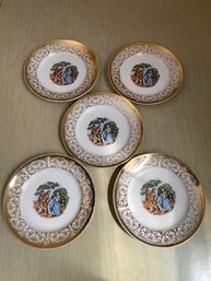 A Group Of 5 European Plates Gilded Edges Unmarked