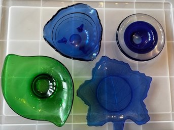 A Group Of Vintage Blue And Green Glass, Also A Blue Glass Candle Holder