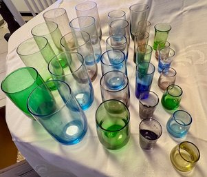 Multiple Sets Of Colored Glasses 29 Including  Ale, Cordials, Juice, And Water Glasses