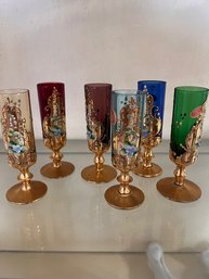 Epic Group Of 6 Hand Painted Bohemian Gilt Cordial Glasses