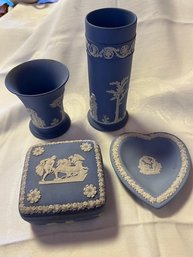 A Group Of 4 Jasperware Wedgwood Including A Spill Vase, Flared Vase, Covered Box And Ashtray