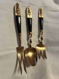 3 Wood And Brass Serving Pieces From Siam