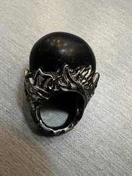 Large Rounded Black Stone In Silver Setting Ring Gothic