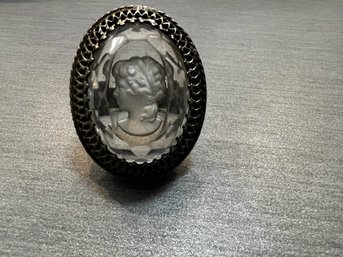 Etched Glass Cameo Ring Set In Silver Base No Markings